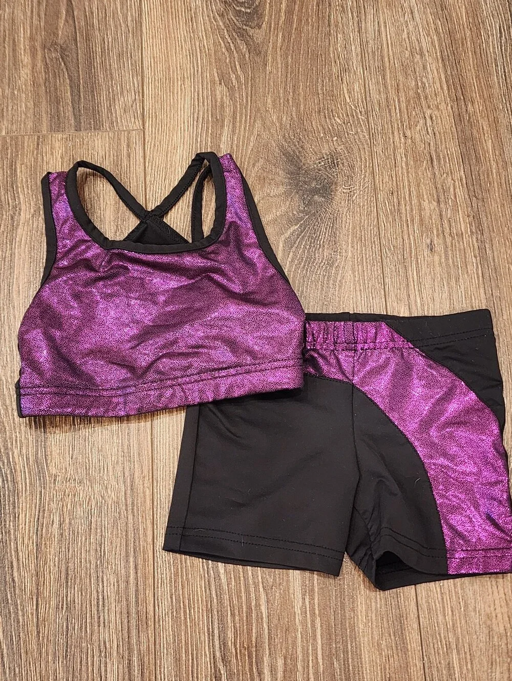Purple Metallic And Black Two Piece Dance Gymnastics Outfit